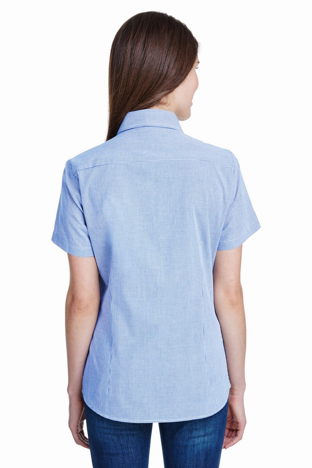 Artisan Collection Womens Microcheck Gingham Short Sleeve Button Down Shirt - Light Blue/White