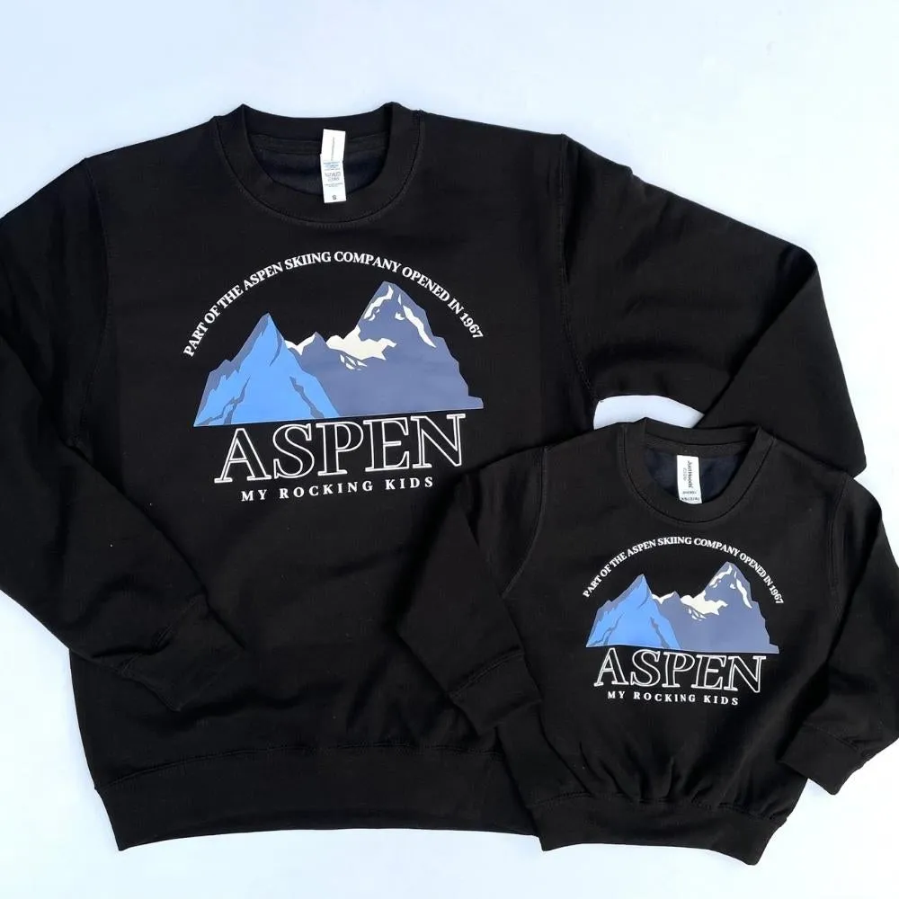 Aspen Ski Print Mum & Kid Matching Black Sweatshirts breastfeeding tops cheap