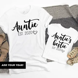 Auntie & Auntie's Bestie Bella Script Personalised White T-Shirts (MRK X) Auntie Clothing - auntie fashion outlet