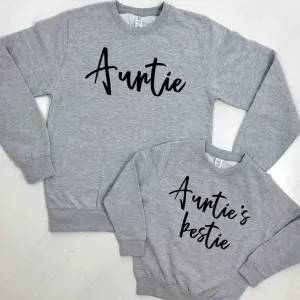 Auntie & Auntie's Bestie Chelsea Script Heather Grey Sweatshirts (MRK X) Auntie Clothing - auntie fashion outlet