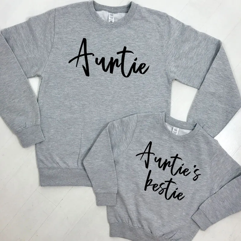 Auntie & Auntie's Bestie Chelsea Script Heather Grey Sweatshirts (MRK X) Auntie Clothing - auntie fashion outlet
