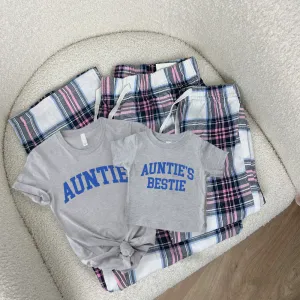 Auntie & Auntie's Bestie Garland Matching T-Shirt & Pyjama Sets - Grey/Blue Auntie Clothing - auntie fashion outlet