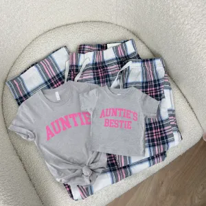 Auntie & Auntie's Bestie Garland Matching T-Shirt & Pyjama Sets - Grey/Pink Auntie Clothing - auntie fashion outlet