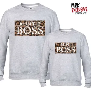 Auntie & Mini Boss Leopard Slogan Grey Sweaters (MRK X) Auntie Clothing - auntie fashion outlet
