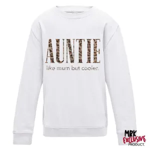 Auntie (Cooler than Mum) Ladies White/Leopard Sweater (MRK X) Auntie Clothing - trendy auntie clothes sale