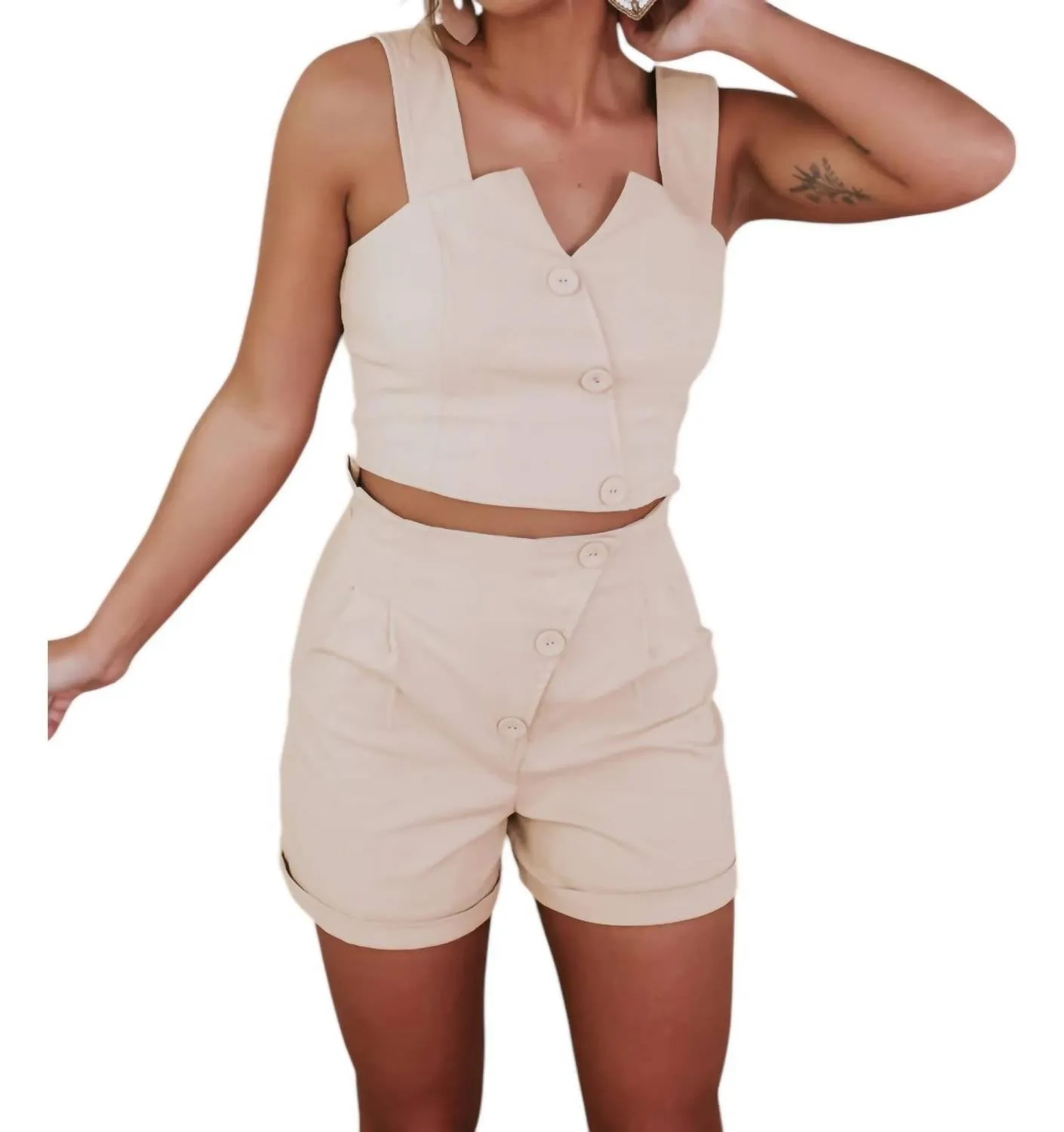 Button Down Short And Cropped Top Set In Cream