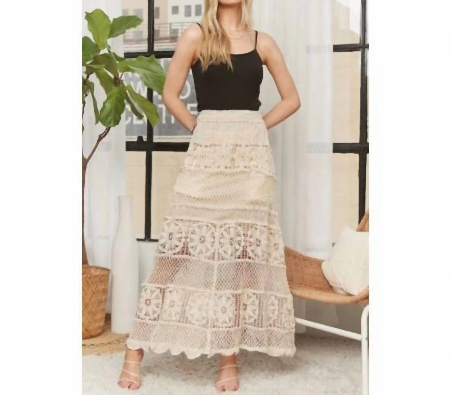 Crochet Lace Maxi Skirt In Beige