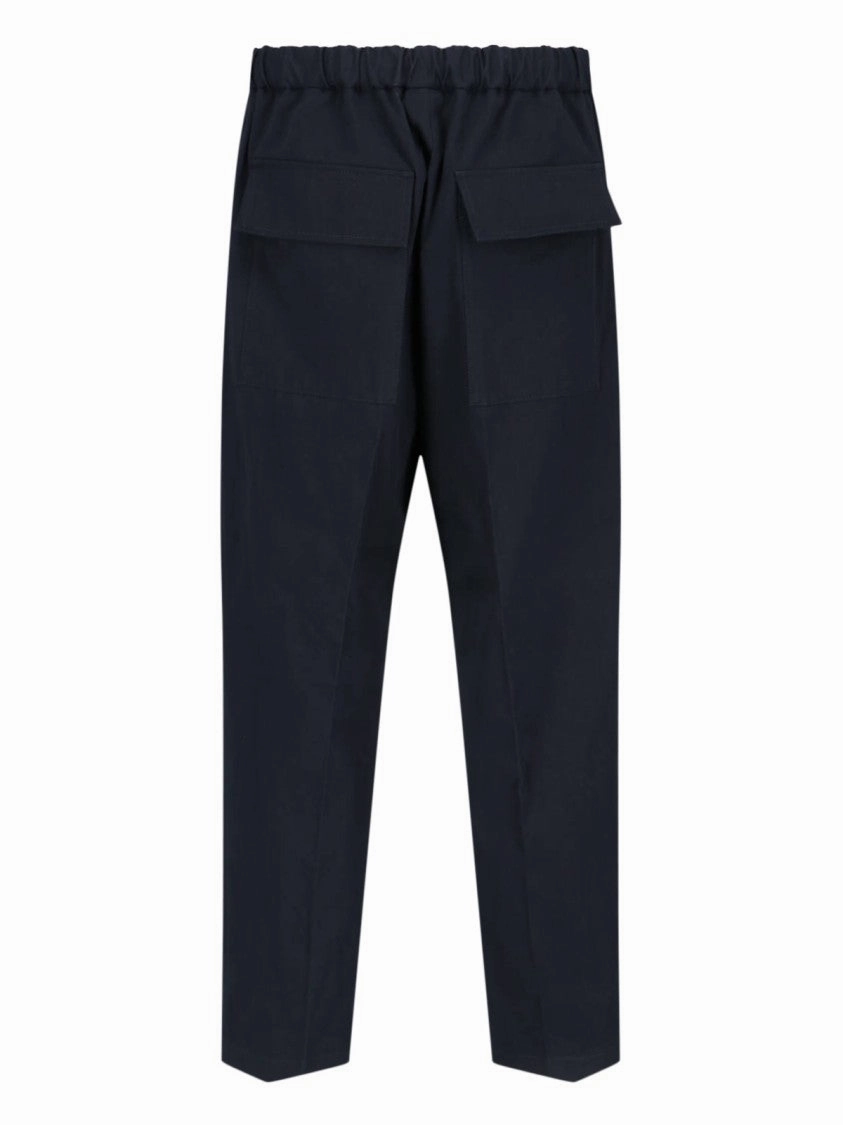 Cropped Tapered Blue Cotton Pants With Elastic Waistband