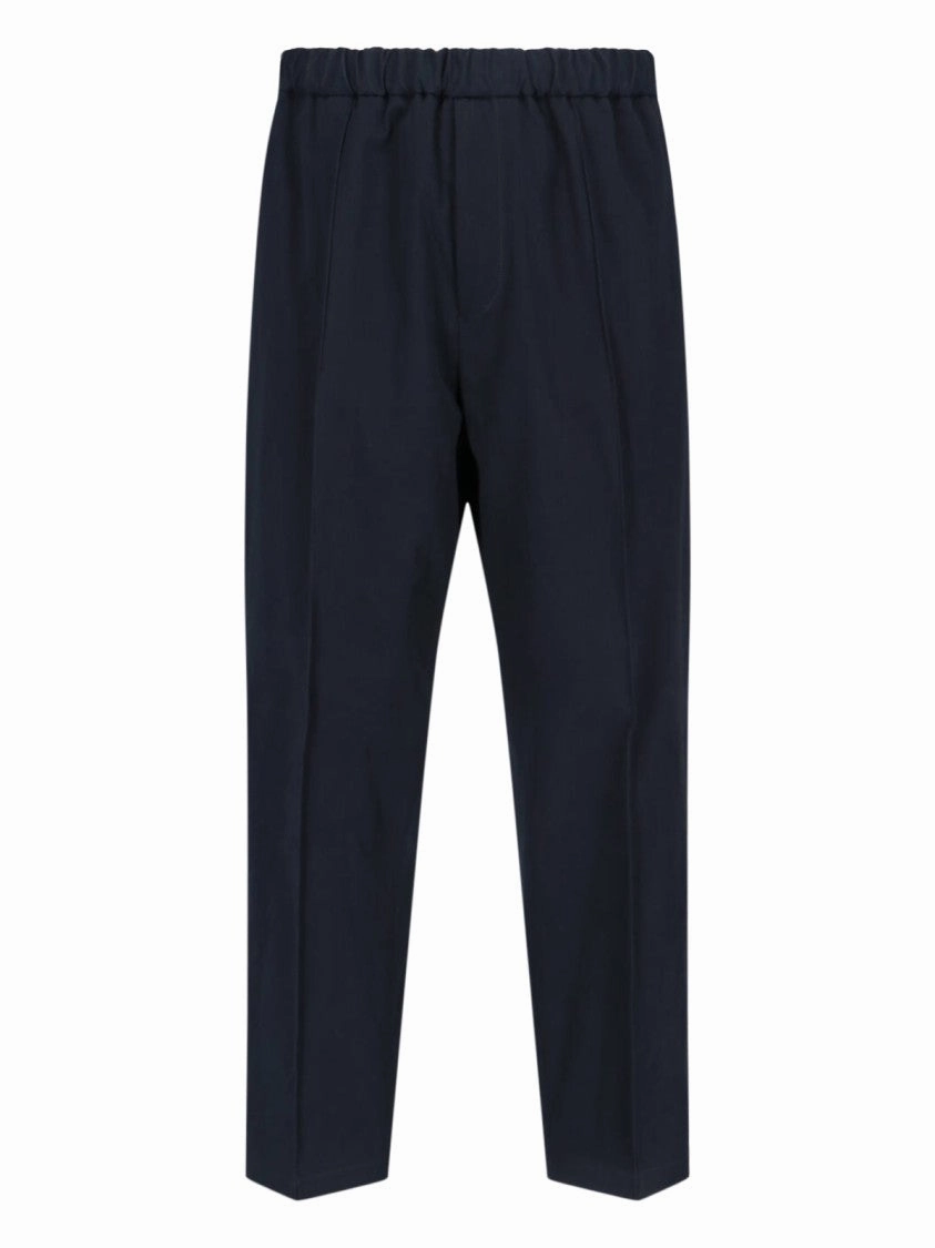 Cropped Tapered Blue Cotton Pants With Elastic Waistband
