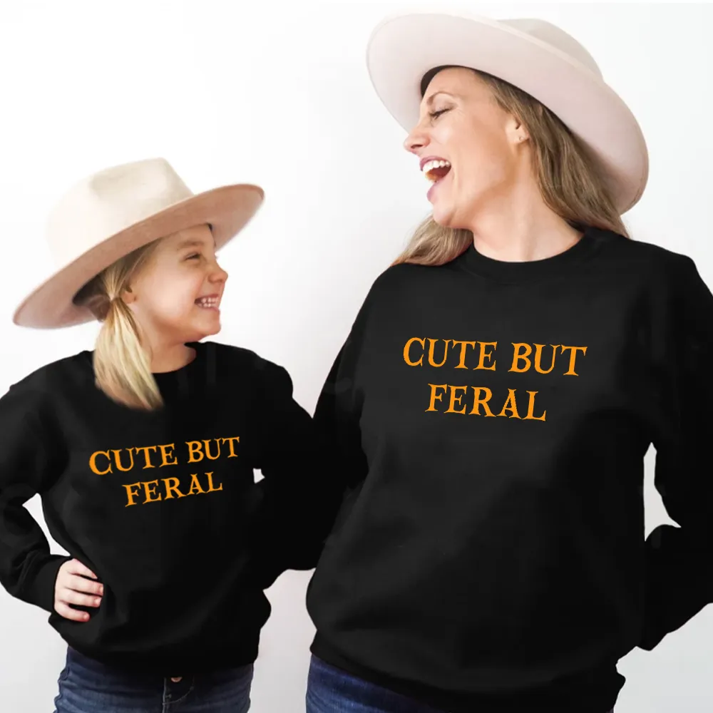Cute But Feral Halloween Matching Mum & Kid Sweatshirts mum jeans promo