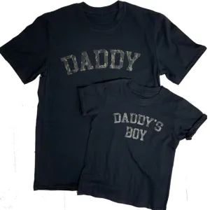 Daddy & Daddy's Boy College Camo Matching Black T-Shirts mens dad clothes online