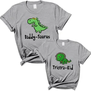 Daddy-saurus & Tricera-kid Cartoon Matching Grey T-Shirts mens dad clothes online