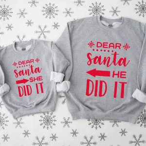Dear Santa She Did It & He Did It Matching Kids Sweatshirts discount girls tops
