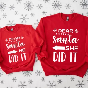 Dear Santa She Did It & He Did It Matching Kids Sweatshirts boys outfits online store
