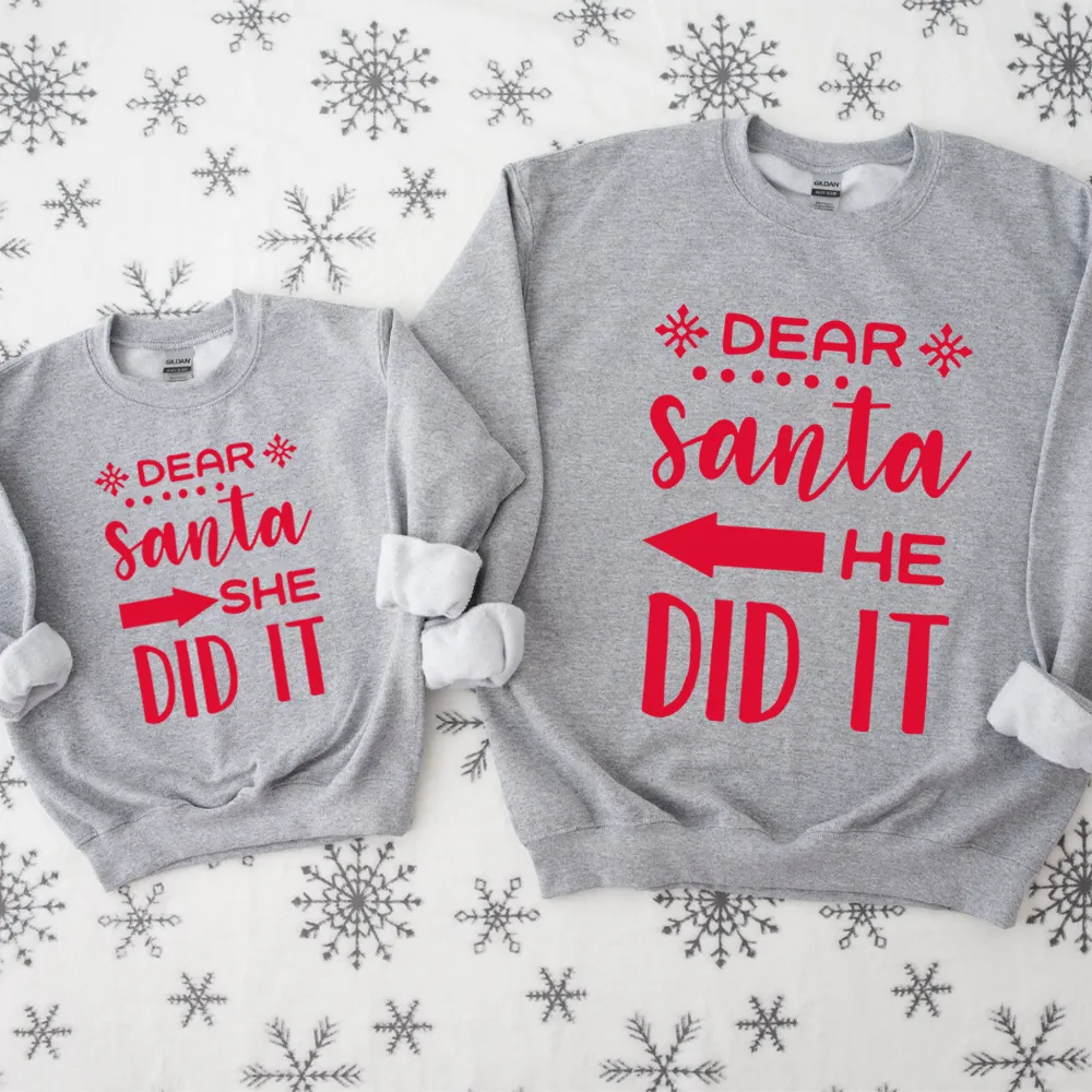 Dear Santa She Did It & He Did It Matching Kids Sweatshirts discount girls tops
