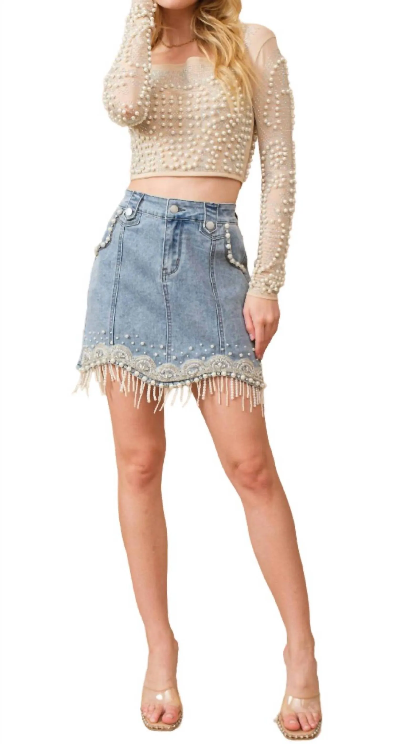 Denim Embellished Pearl Fringe Mini Skirt In Medium Wash