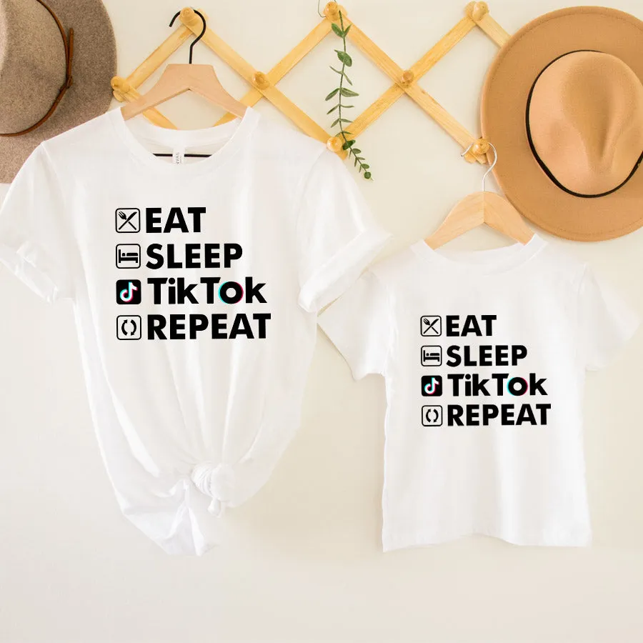 Eat Sleep Tik Tok Repeat Matching White T-Shirts discount mum dresses