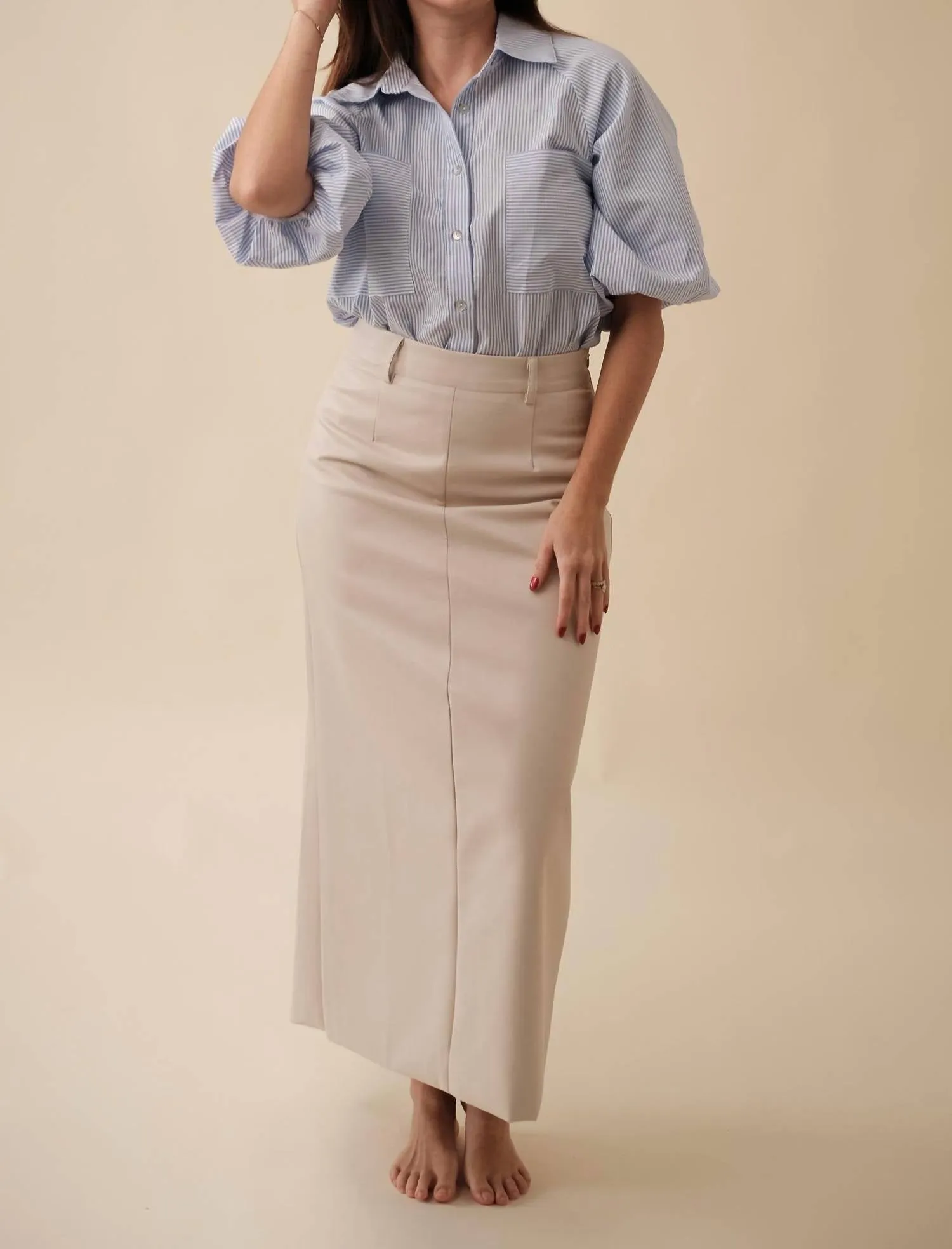 Emery Vegan Leather Pencil Midi Skirt In Cream