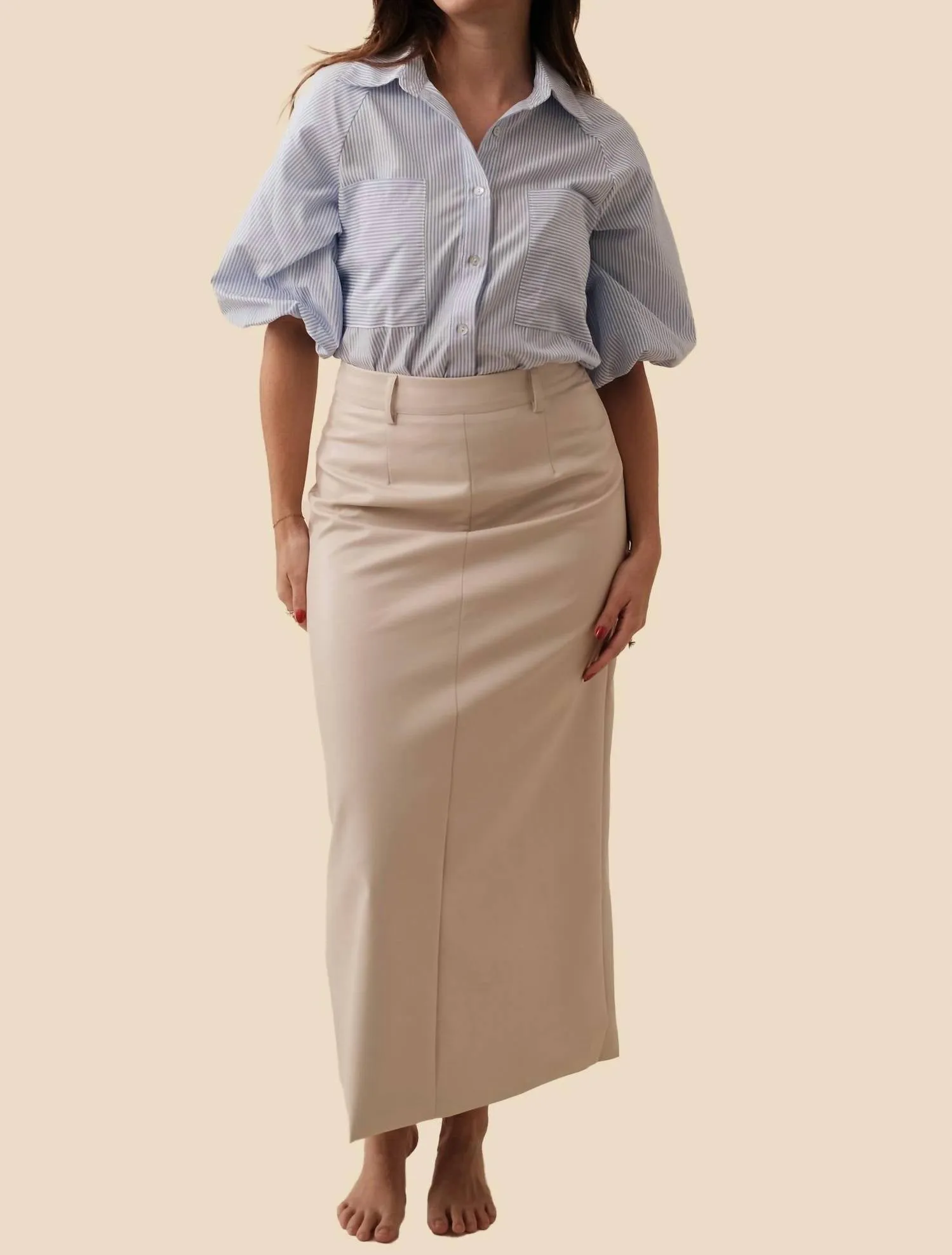 Emery Vegan Leather Pencil Midi Skirt In Cream