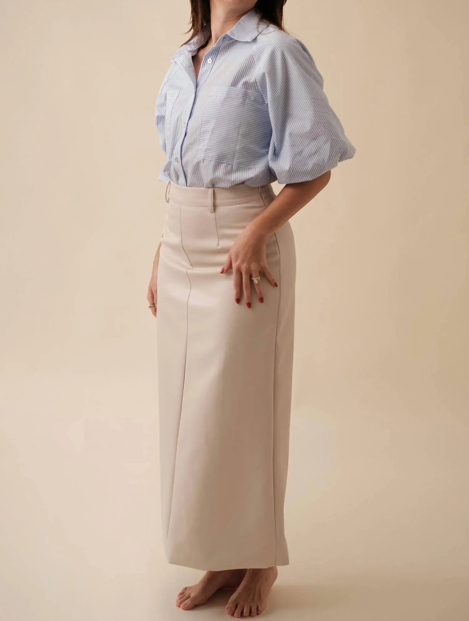 Emery Vegan Leather Pencil Midi Skirt In Cream