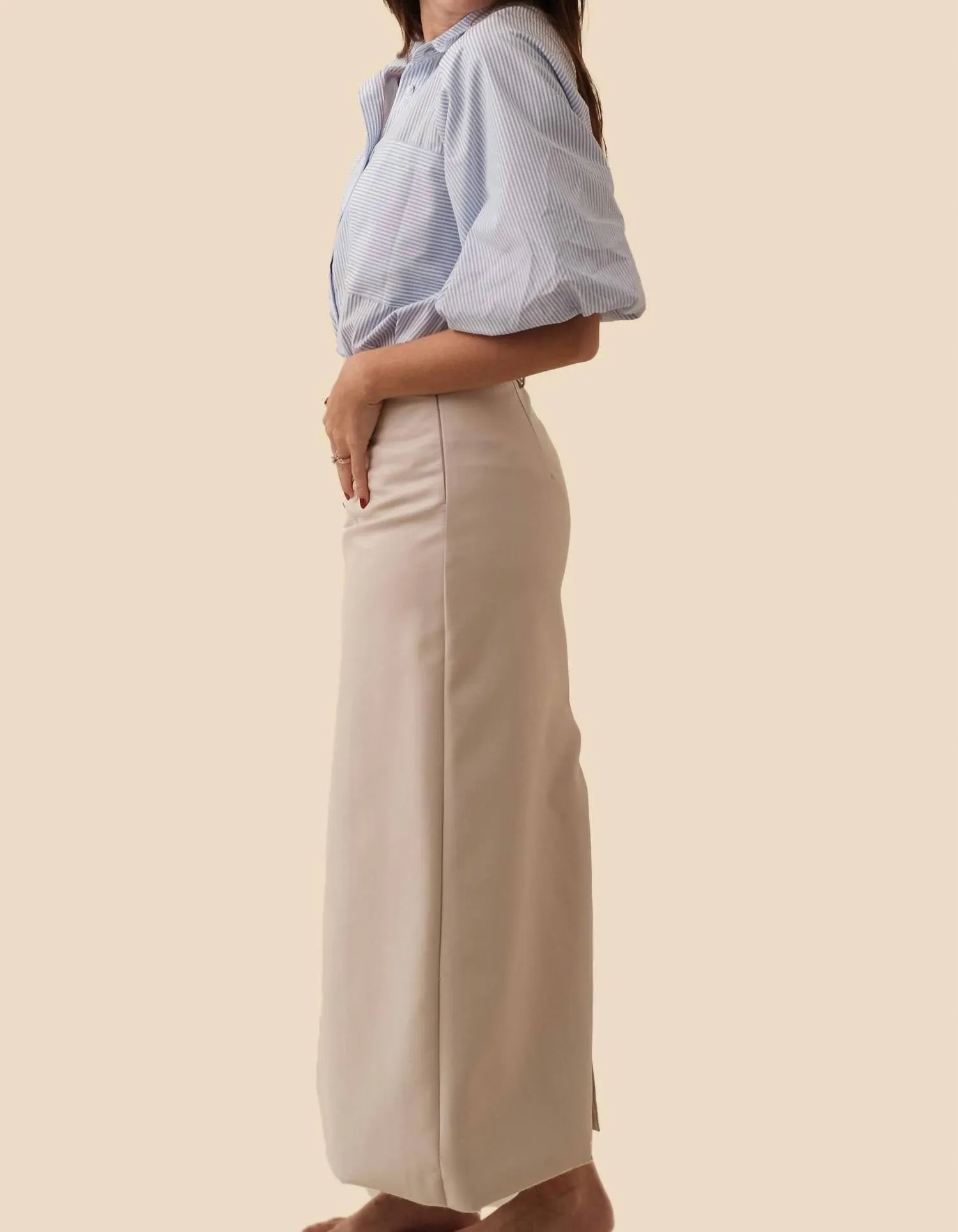 Emery Vegan Leather Pencil Midi Skirt In Cream
