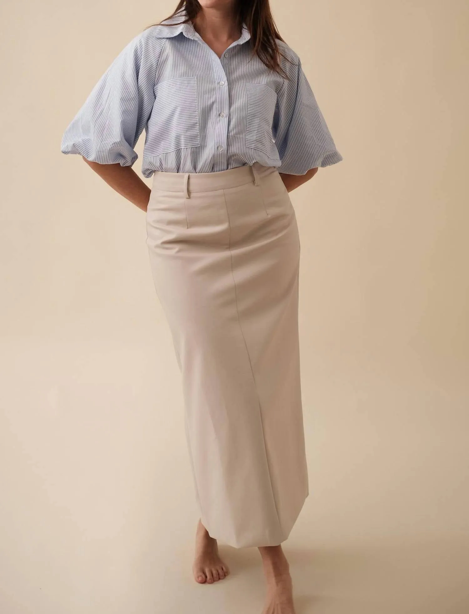 Emery Vegan Leather Pencil Midi Skirt In Cream