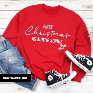 First Christmas As Auntie Personalised Red Sweatshirt (MRK X) Auntie Clothing - trendy auntie clothes sale