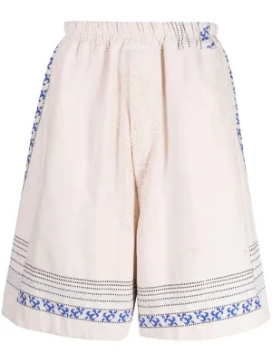 Floral-Embroidered Linen Drop-Crotch Shorts cheap mens pants online