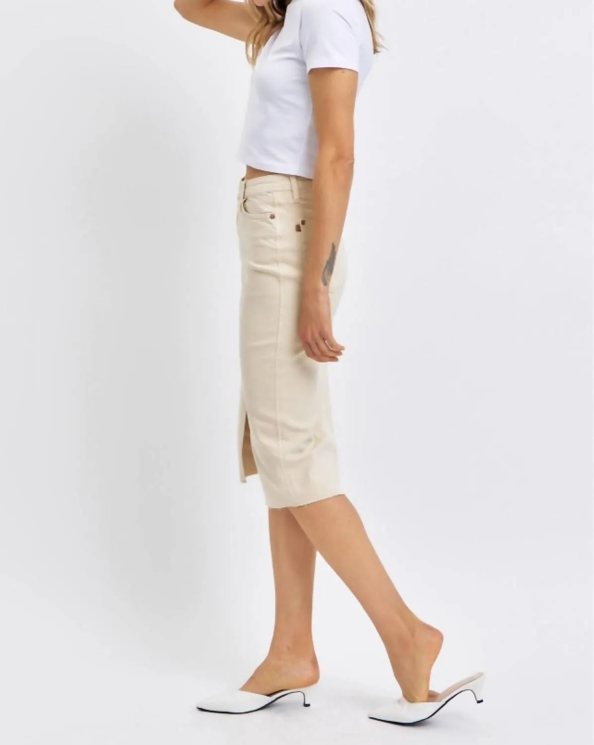 High Waist Garment Dyed Criss-Cross Front Slit Long Skirt In Bone