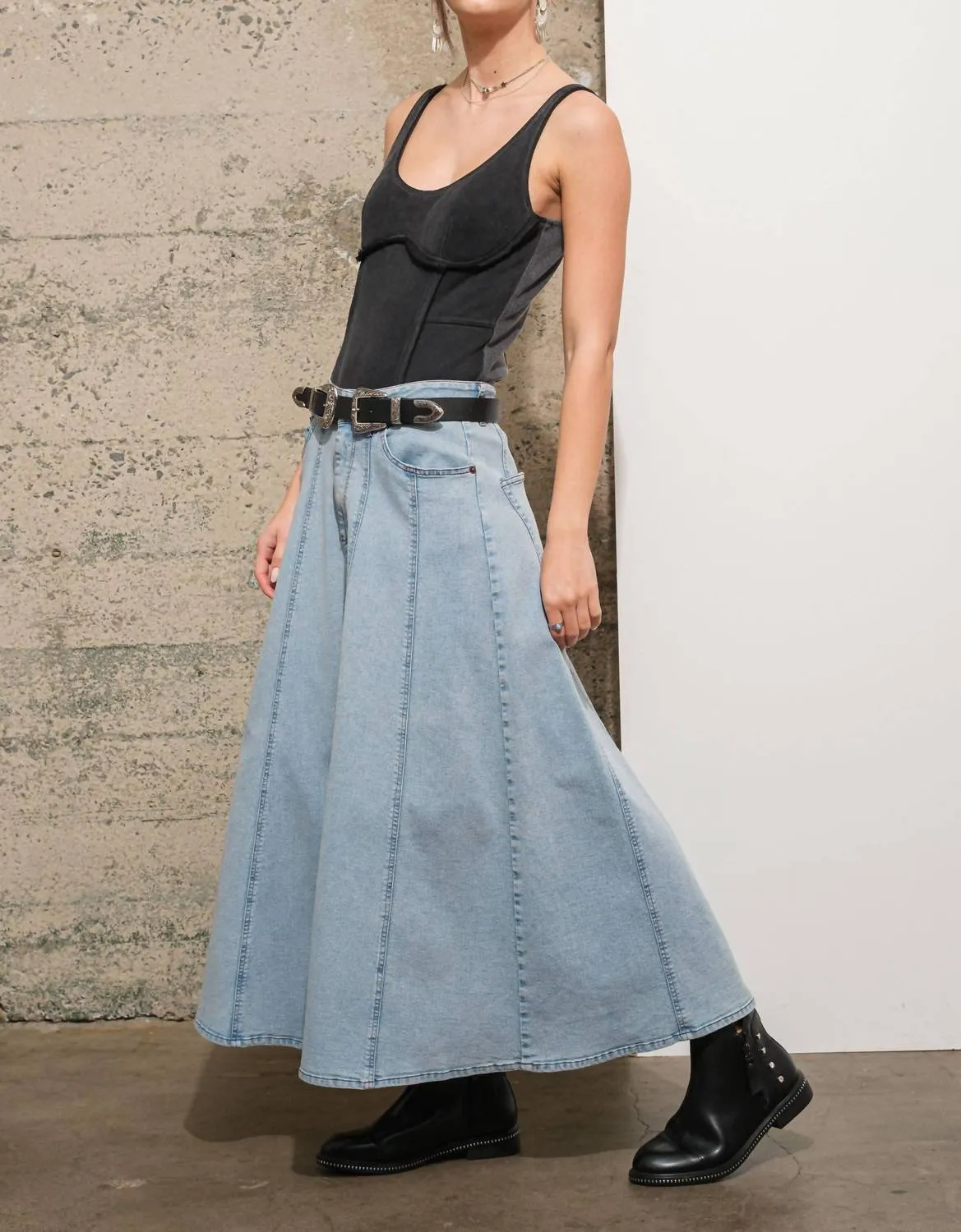 High Waist Vintage Full Long Skirt In Light Wash