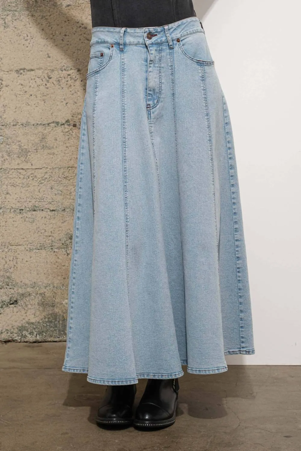 High Waist Vintage Full Long Skirt In Light Wash