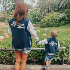 Jessica Hayes Mama & Mini Navy Varsity Jackets baby bump outfits discount