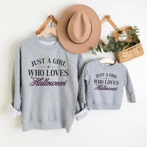 Just A Girl Who Loves Halloween Matching Heather Grey Sweatshirts pregnancy clothes clearance