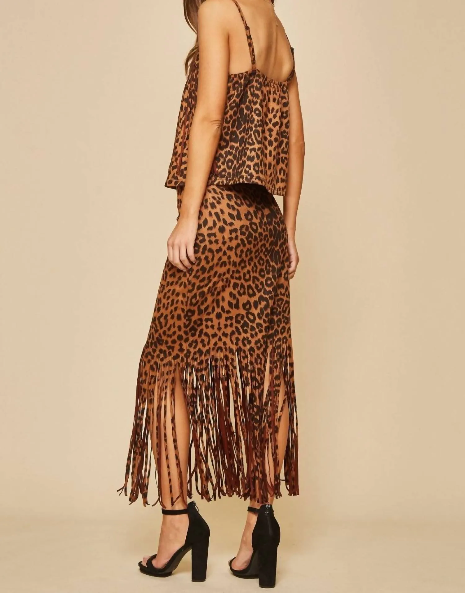 Leopard Fringe Skirt In Brown