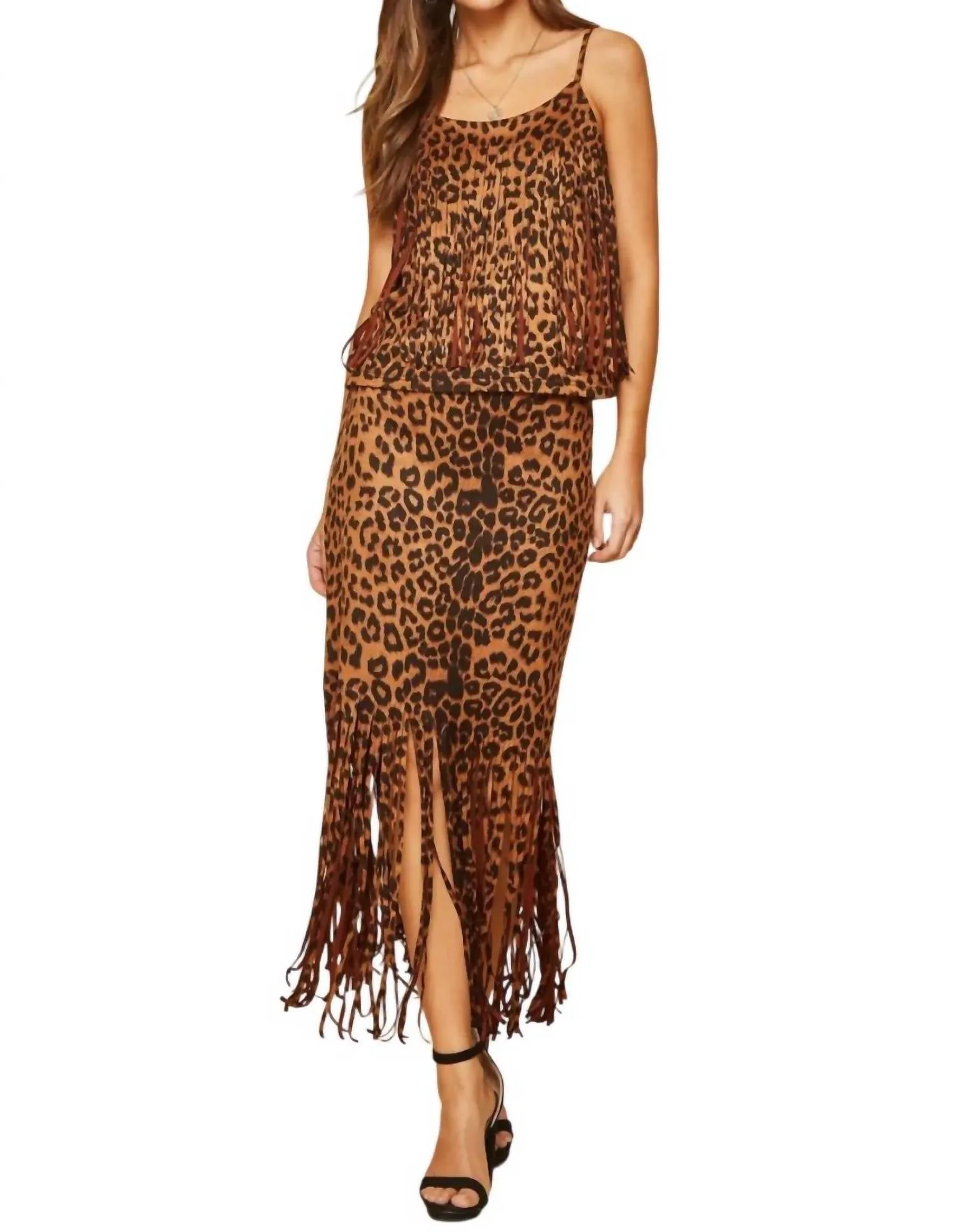 Leopard Fringe Skirt In Brown