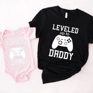 Leveled Up Daddy/Player 2 Dad & Baby Tee & Vest Black/Pink dads clothes cheap