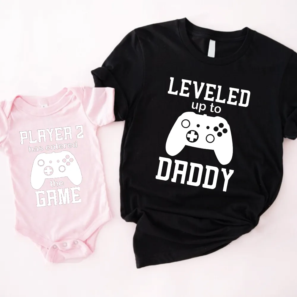 Leveled Up Daddy/Player 2 Dad & Baby Tee & Vest Black/Pink dads clothes cheap