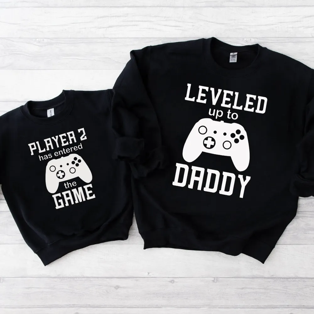 Leveled Up Daddy/Player 2 Matching Dad & kid Black Sweatshirt dads clothes cheap