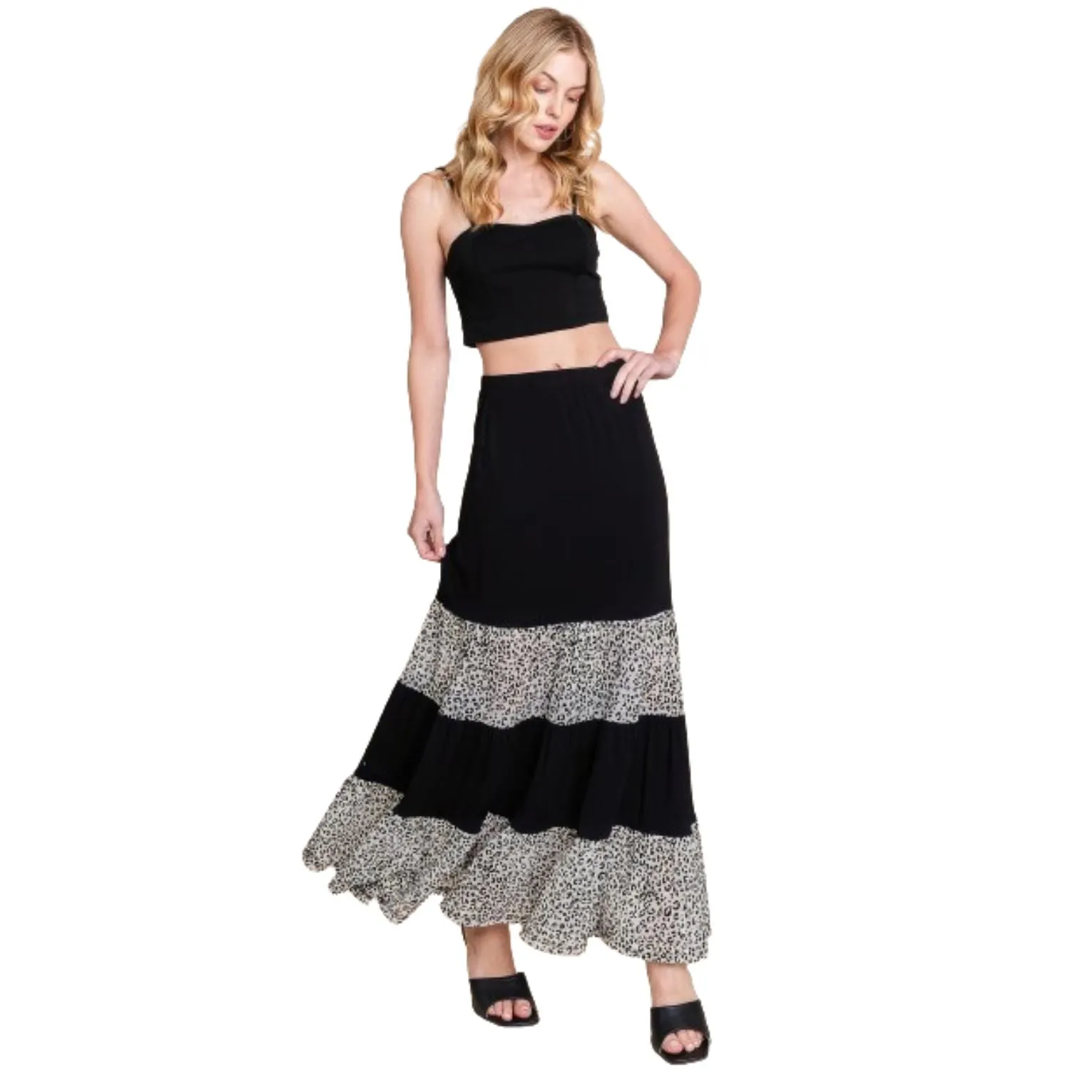 Long Tiered Contrast Fashion Skirt With Velvet Animal Print Mesh