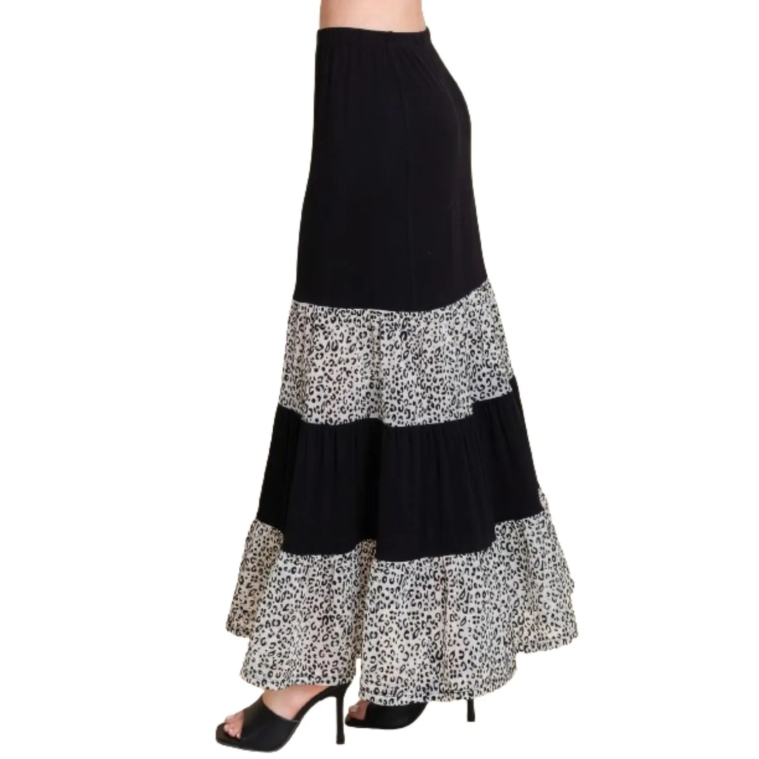 Long Tiered Contrast Fashion Skirt With Velvet Animal Print Mesh