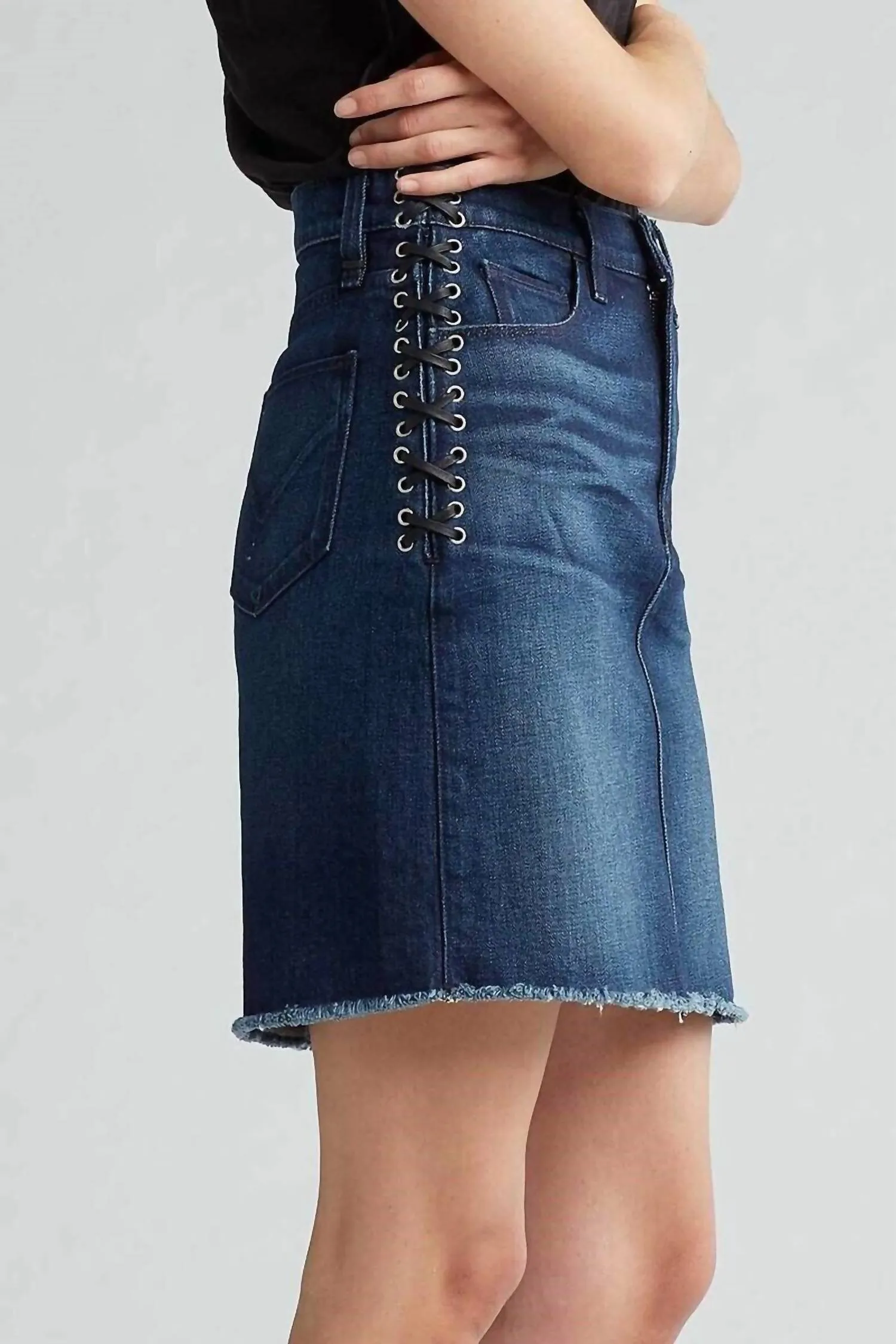 Lulu Nightfall Jean Raw Hem Side Lace Up Skirt In Blue