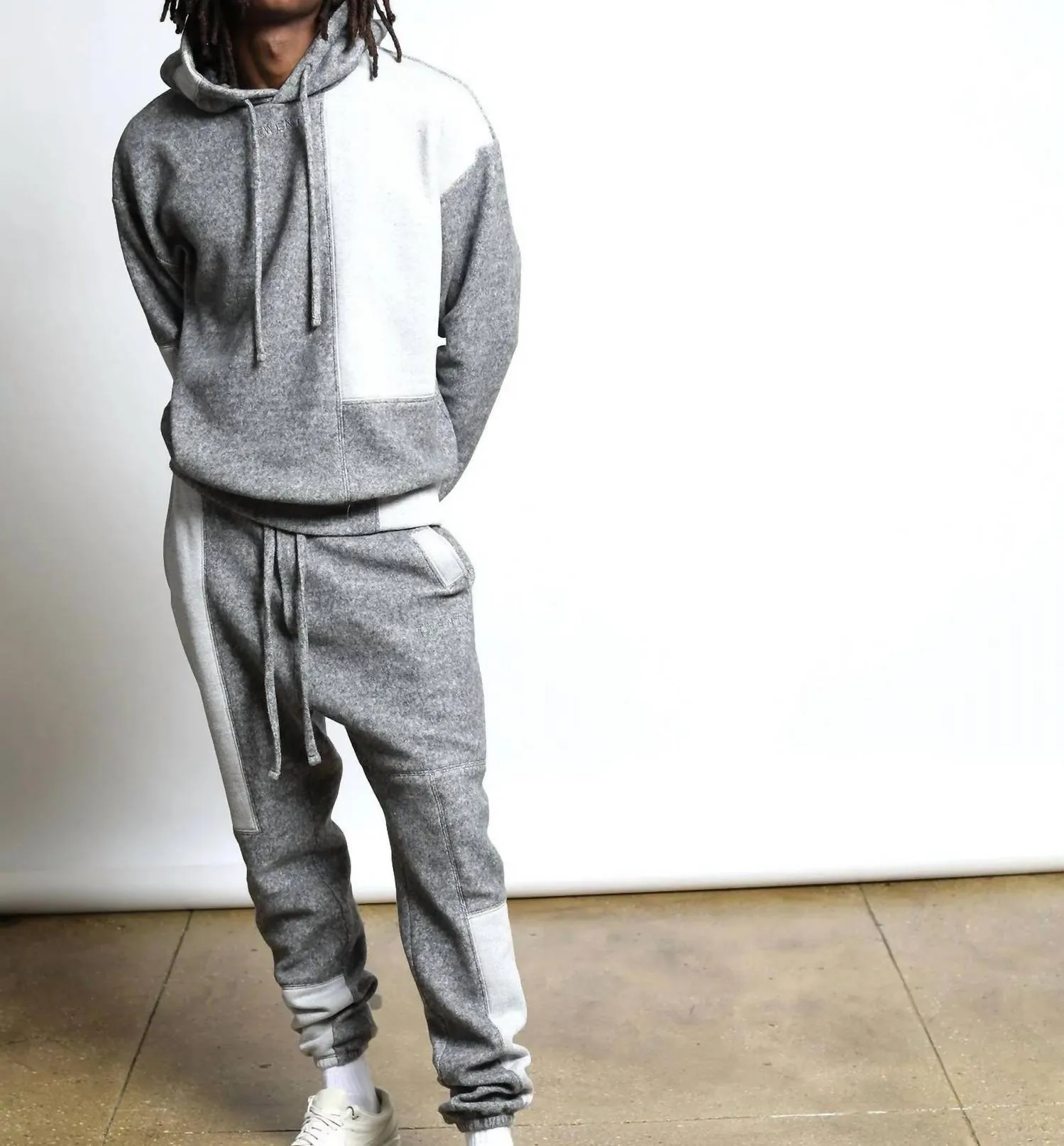 Maddux Plush Fleece Patchwork Pants In Heather Grey
