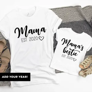 Mama & Mama's Bestie Bella Script Personalised White T-Shirts (MRK X) maternity wear outlet