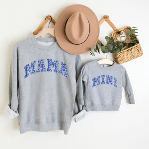 Mama & Mini Blue Floral Matching Heather Grey Sweatshirts girls skirts clearance