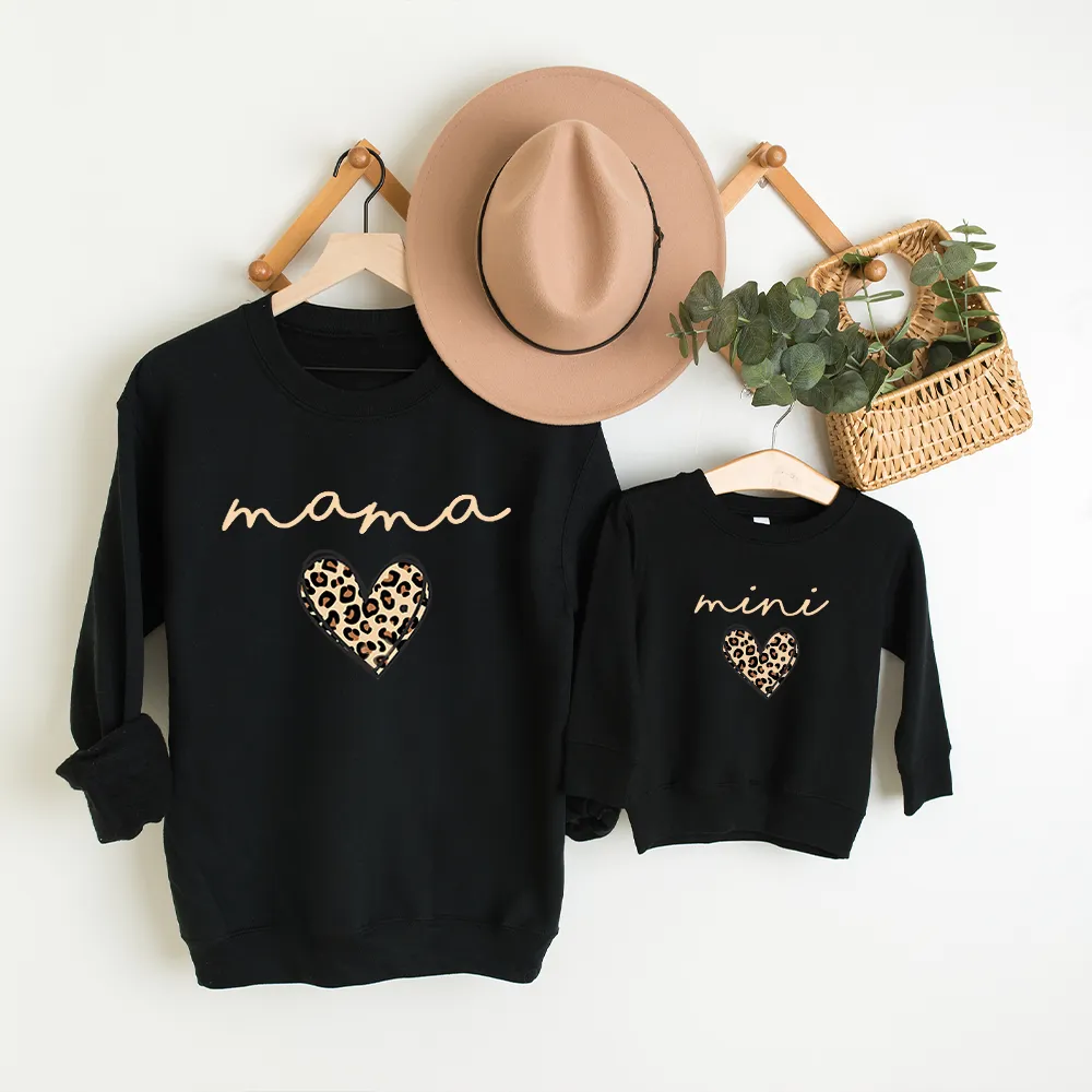 Mama & Mini Leopard Logo Heart Matching Black Sweatshirts pregnancy clothes clearance