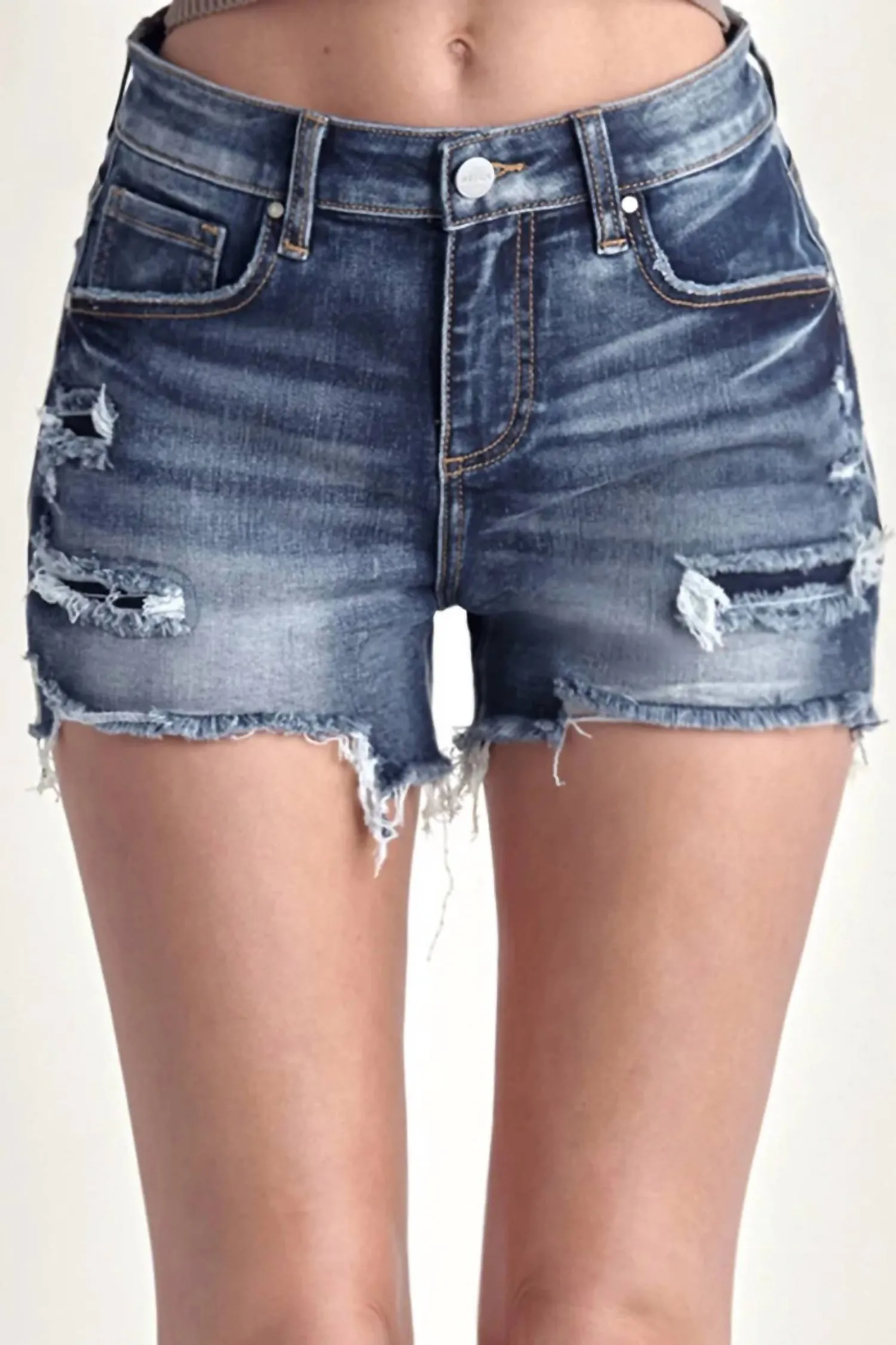 Mid Rise Raw Hem Denim Shorts In Dark