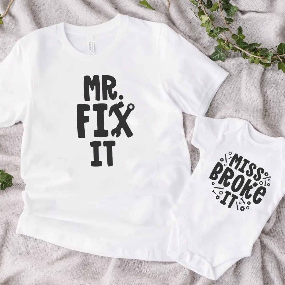 Mr Fix It & Miss Broke It Matching T-Shirt & Vest fathers day sale outfits