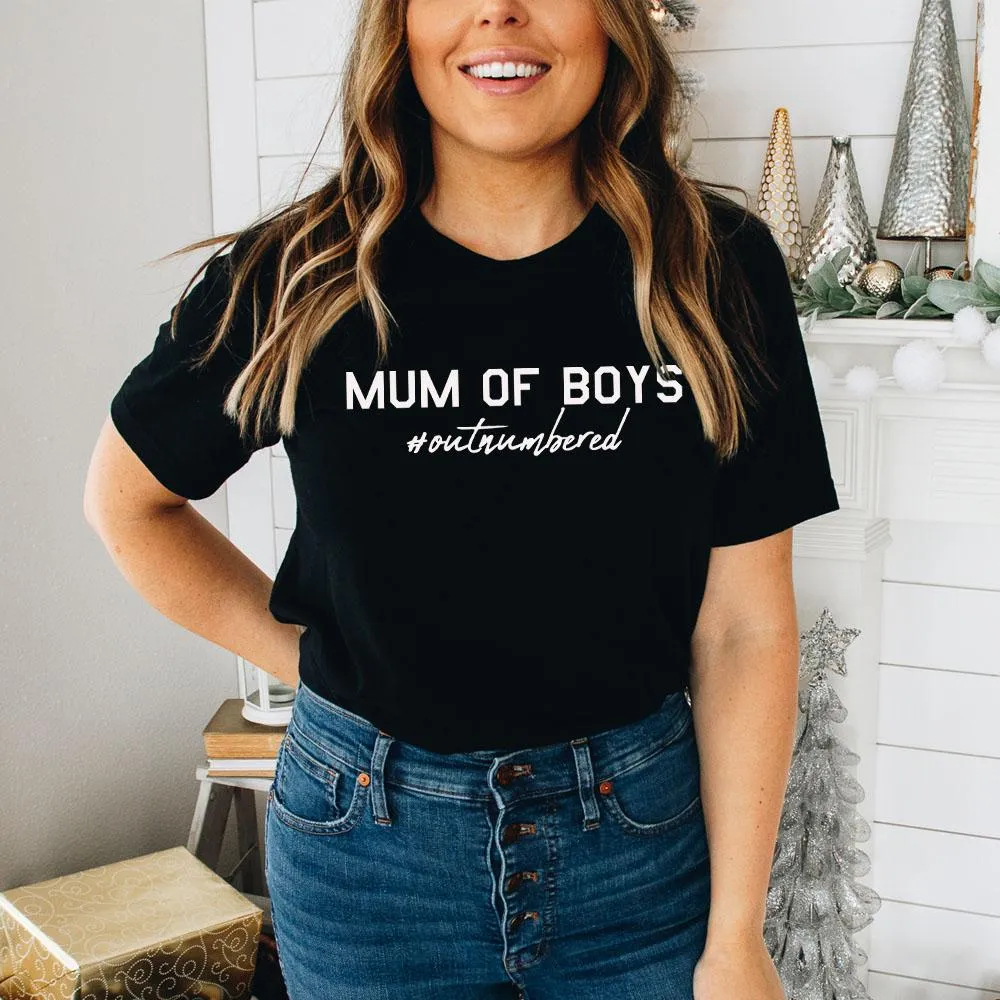 Mum of Boys Hashtag Outnumbered T-Shirt (MRK X) mum blouses clearance