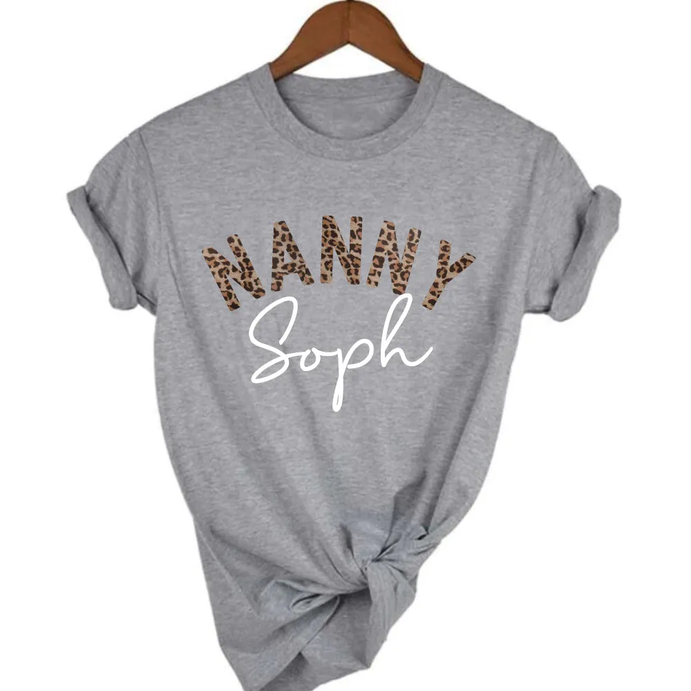 Nanny Leopard Personalised Name T-Shirt grandma outfits sale