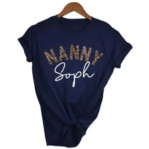 Nanny Leopard Personalised Name T-Shirt grandma outfits sale